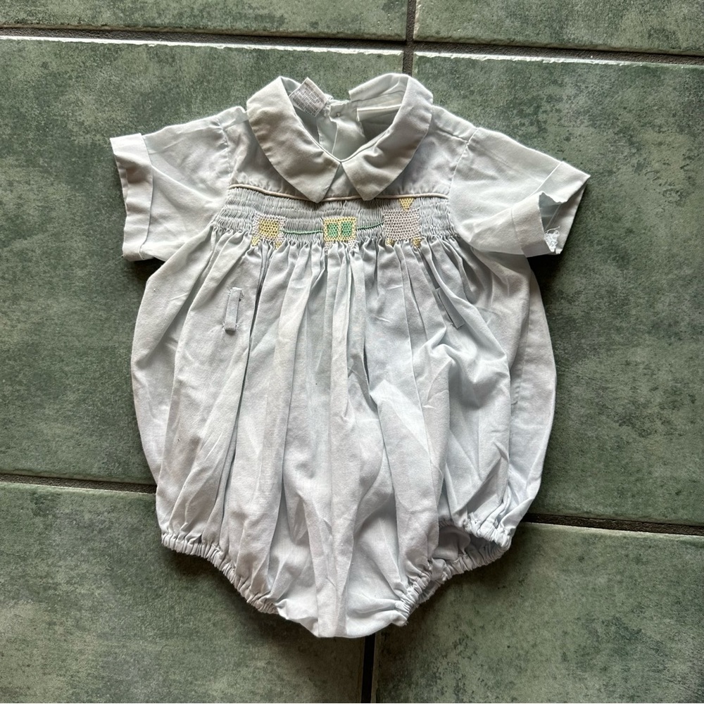 VTG 80s Retro Light Blue Smocked Baby Infant Onesie